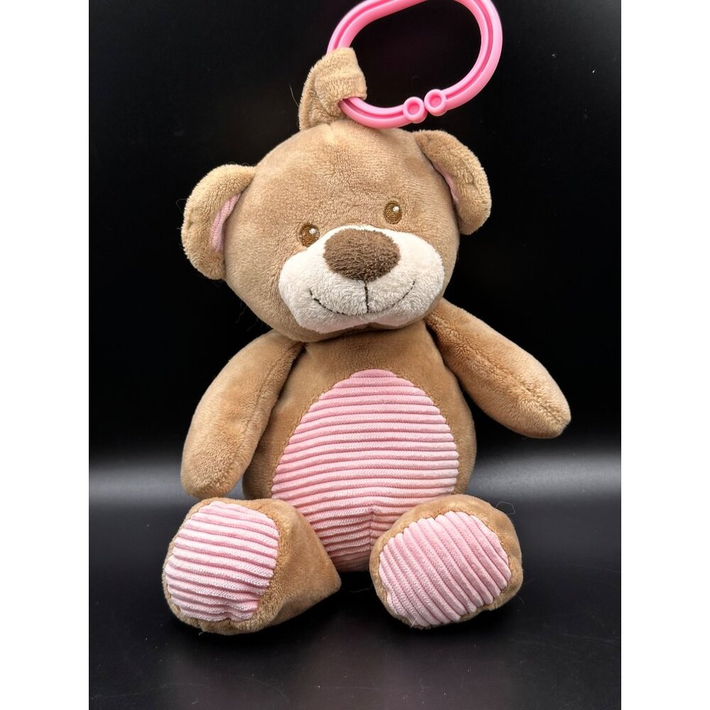 Kellytoy Plush Brown Stuffed Animal Teddy Bear‎ Pink Ribbed Plastic Clip Rattle